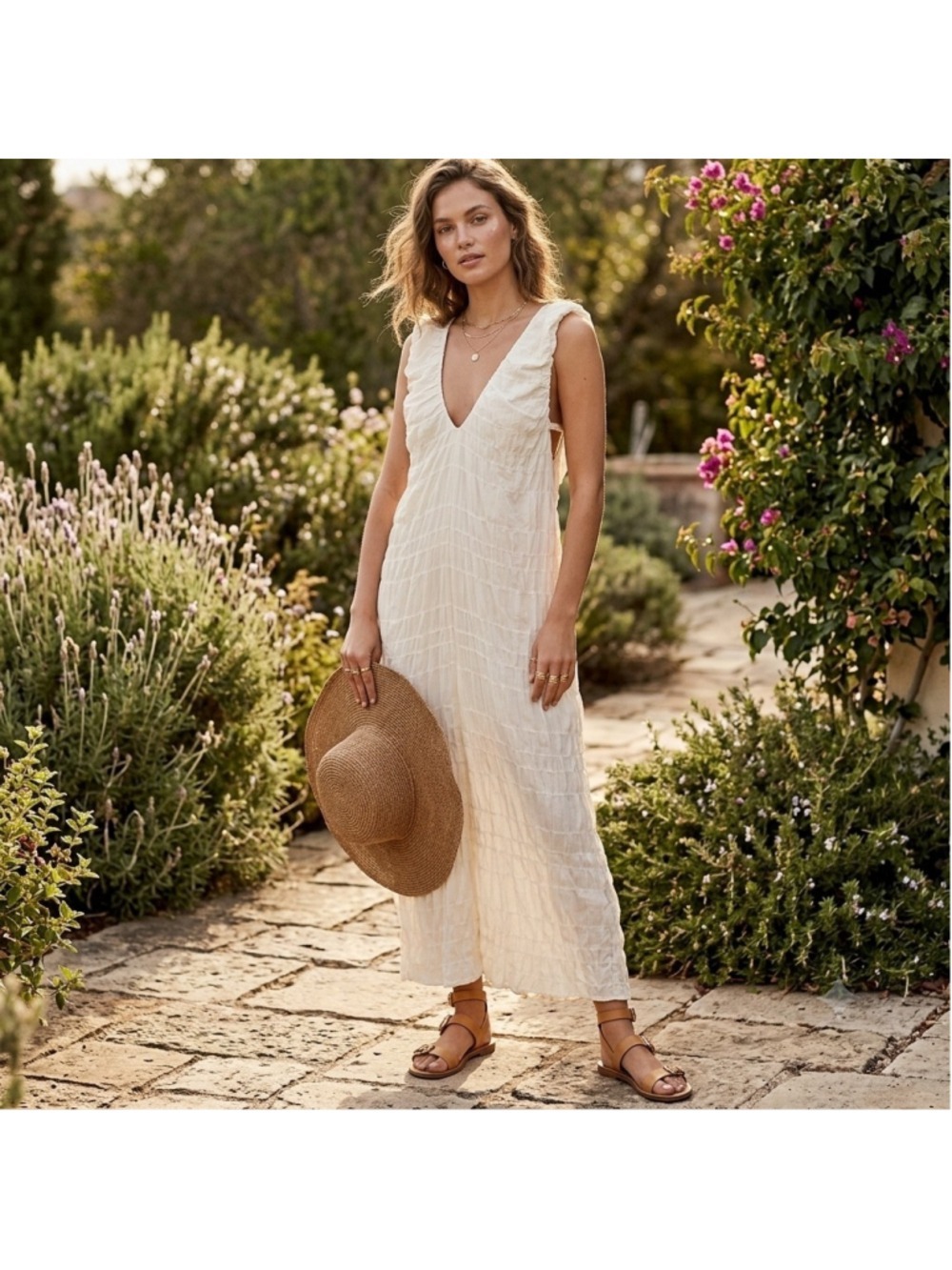 Free People Cream Ruched Maxi Dress Sleeveless V-Neck Tie Back Size Small S